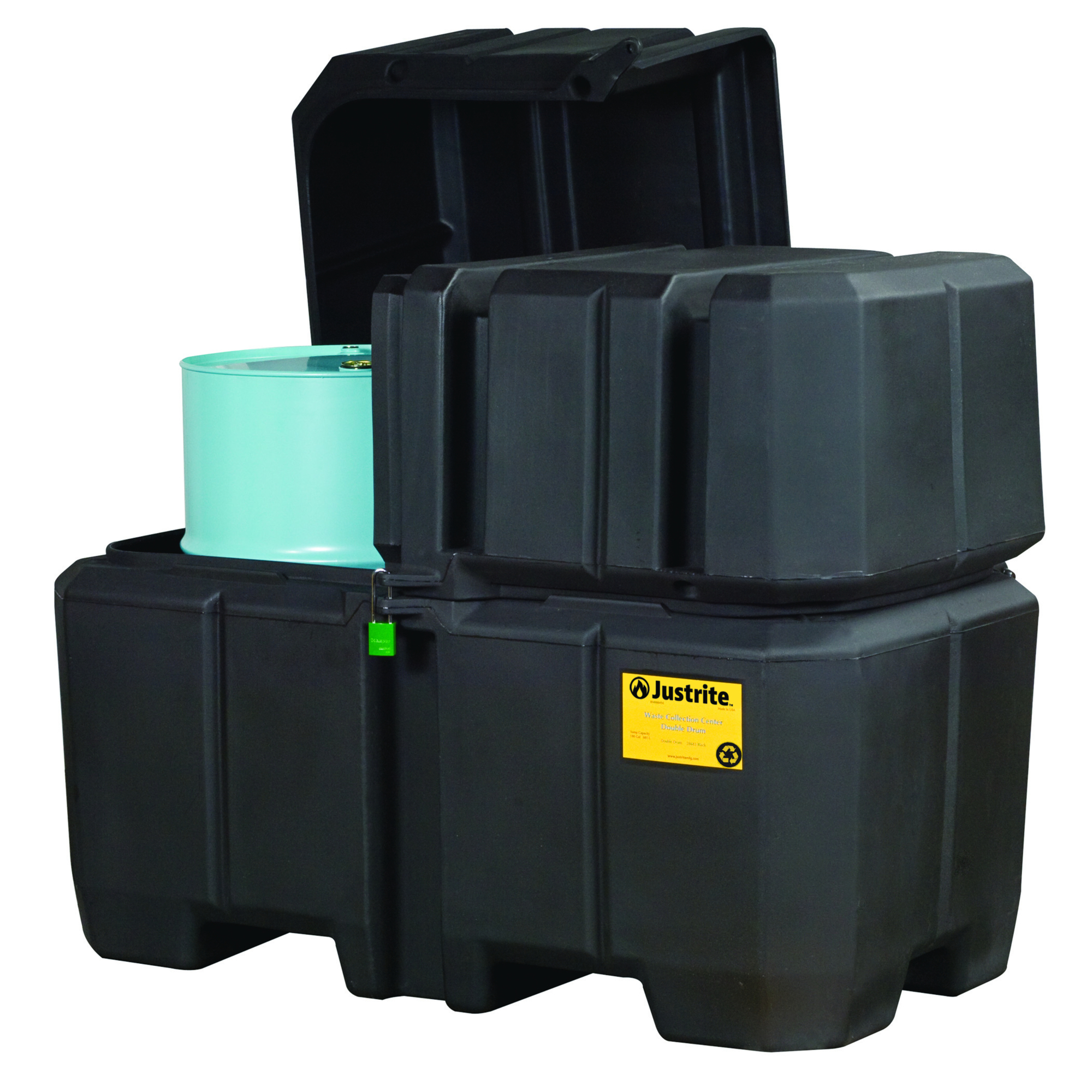 Justrite Double Drum Collection Center — Dual Covers, Forklift Channels, EcoPolyBlend, Black, Model# 28683